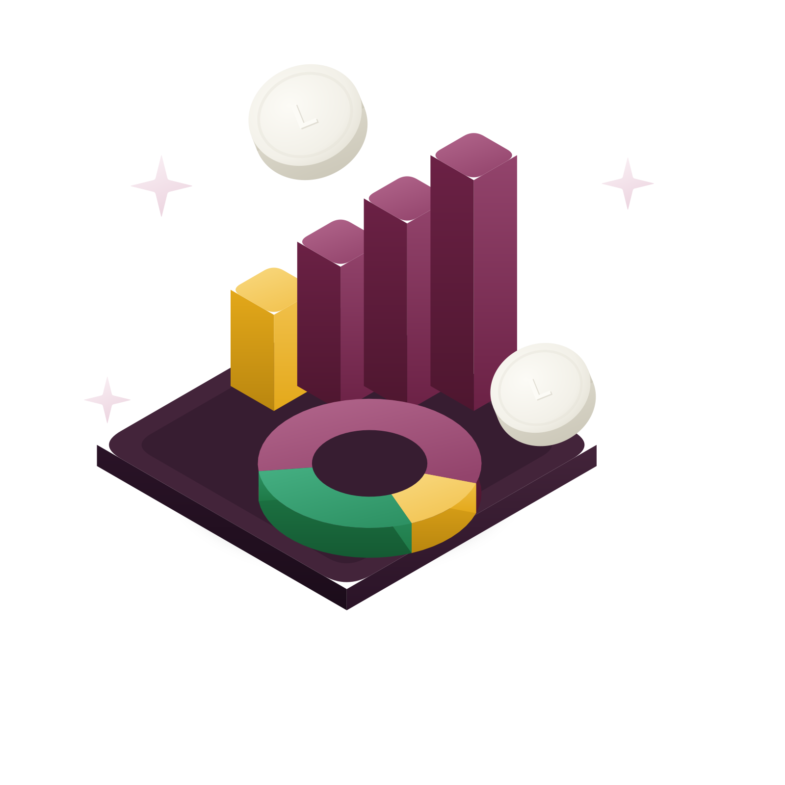 Ilustrație 3D izometrică: un grafic cu bare crescătoare și un grafic inelar cu monede argintii „L” pe un soclu violet-must, cu un accent auriu de floarea-soarelui